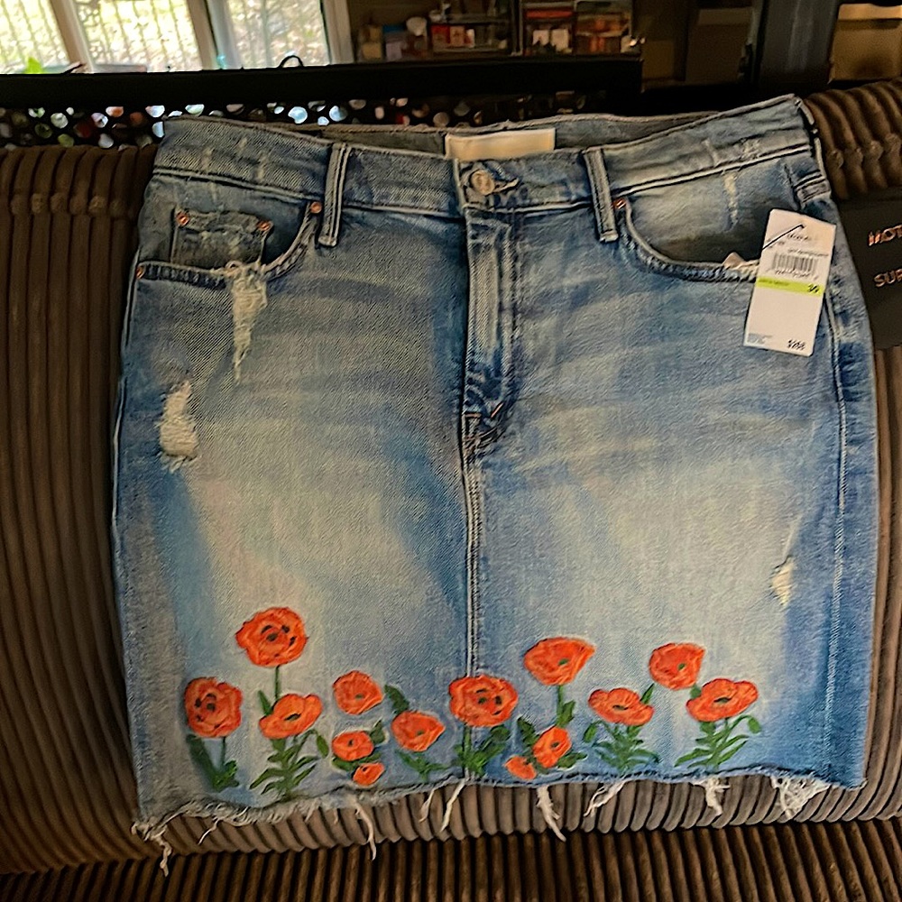 MOTHER superior frayed hem embroidered skirt size 30 nwt